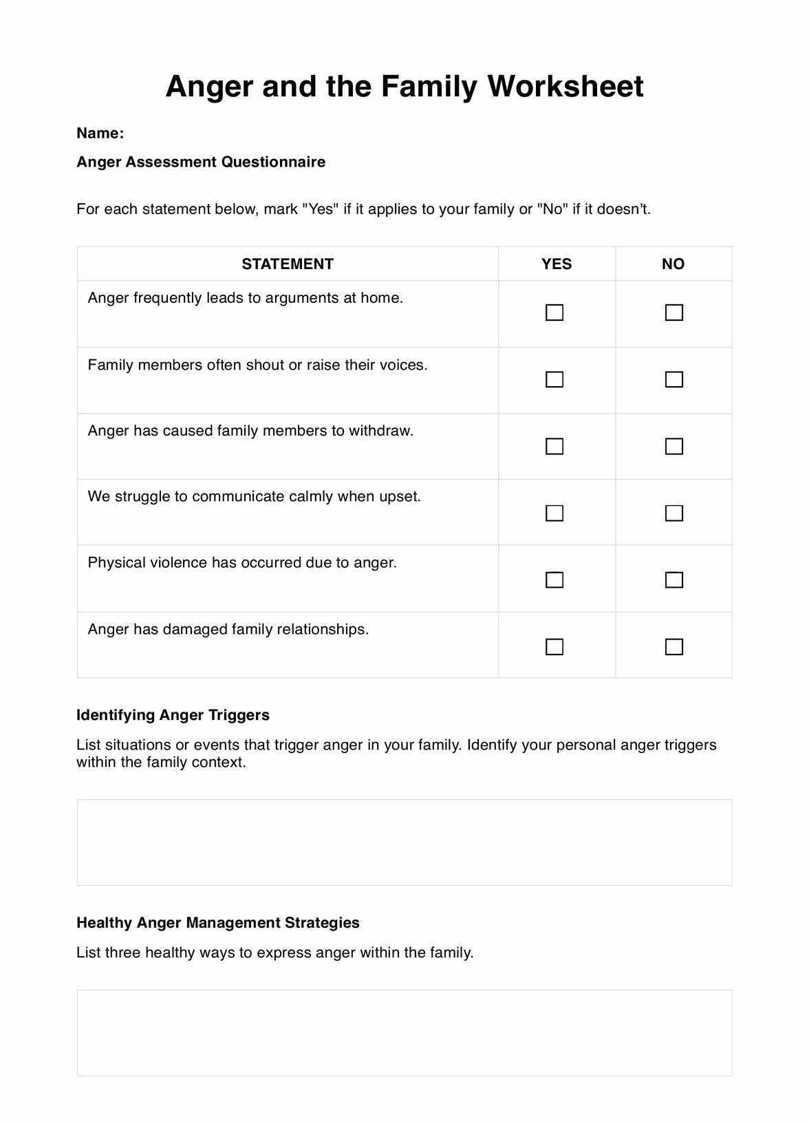 Anger And The Family Worksheet U0026 Example Free PDF Download