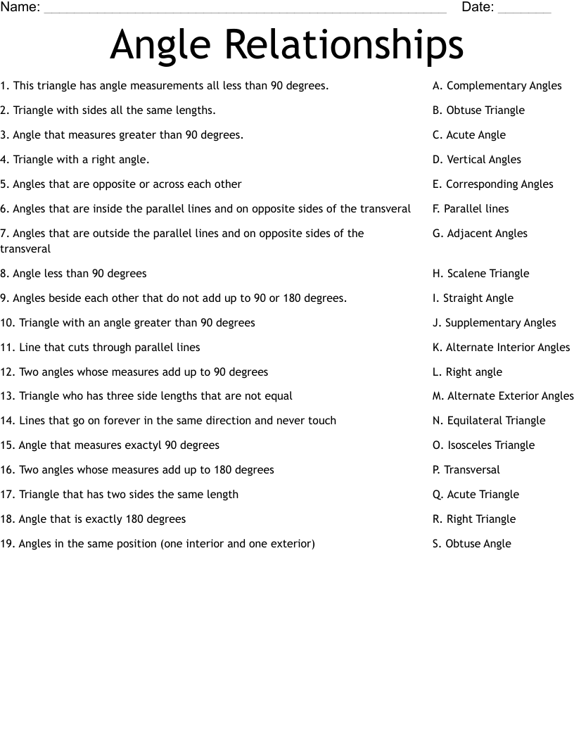 Angle Relationships Worksheet WordMint