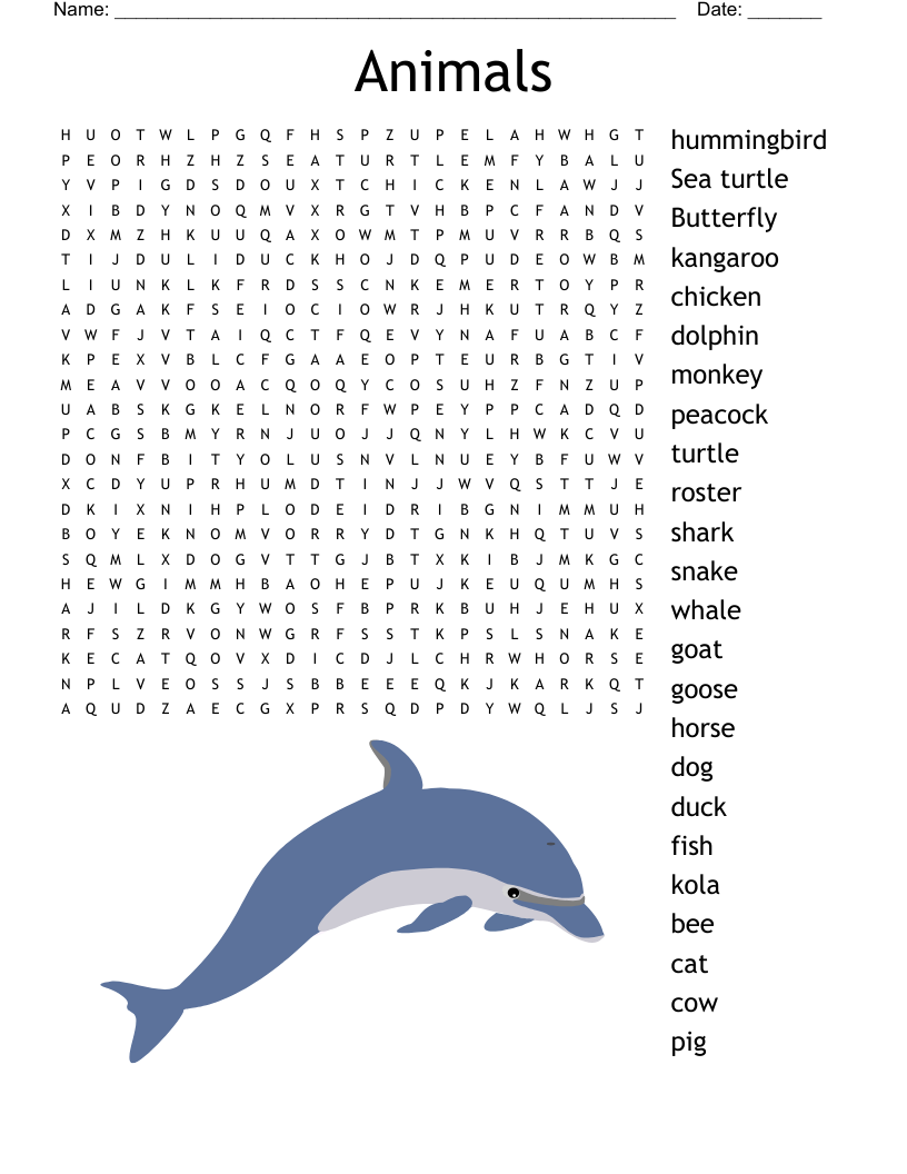 animal word search printable