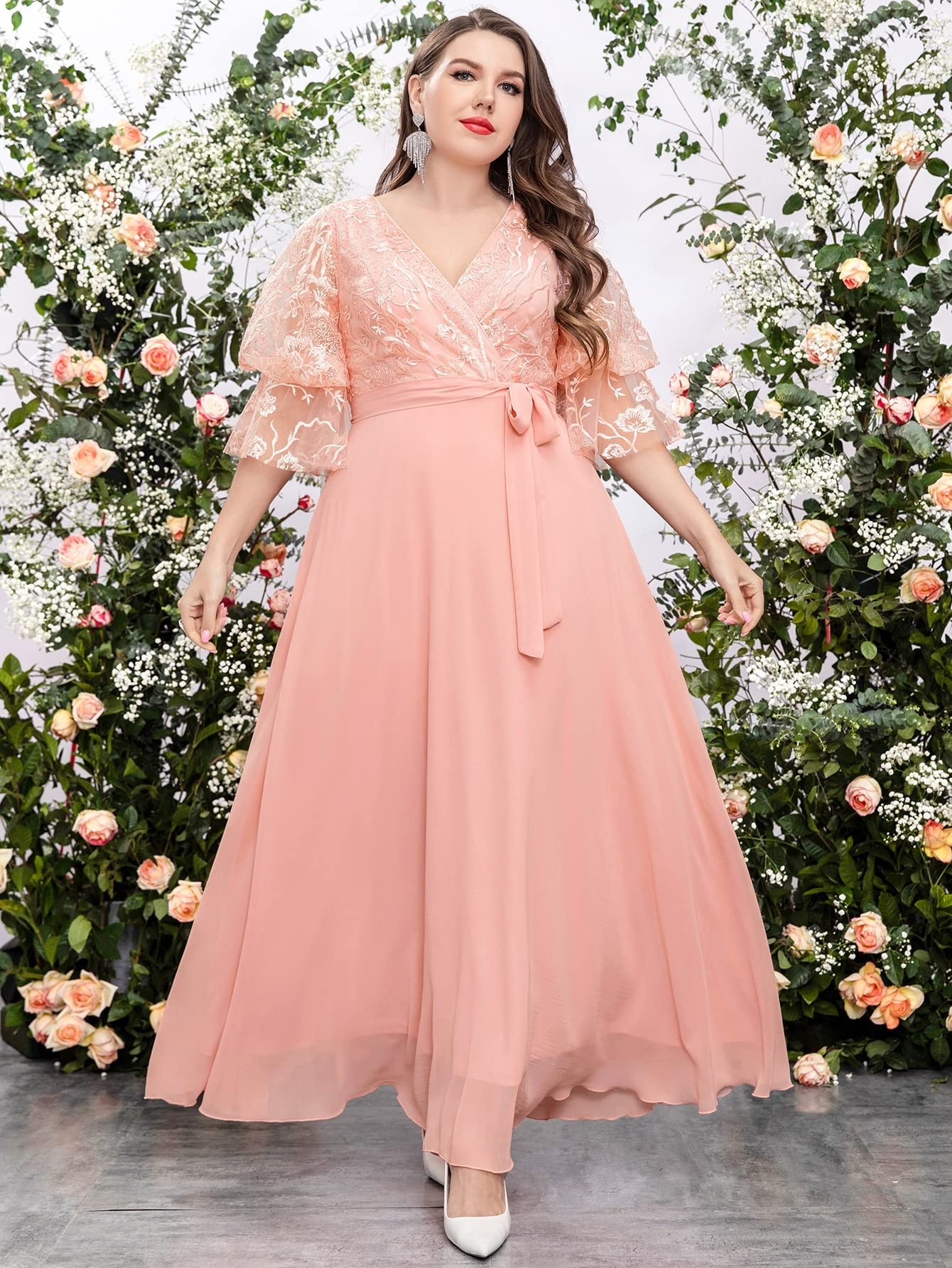 AOCATE Plus Size Dress Plus Embroidery Mesh Belted Chiffon Maxi Dress Color Coral Pink Size 2XL Buy Online At Best Price In UAE Amazon ae