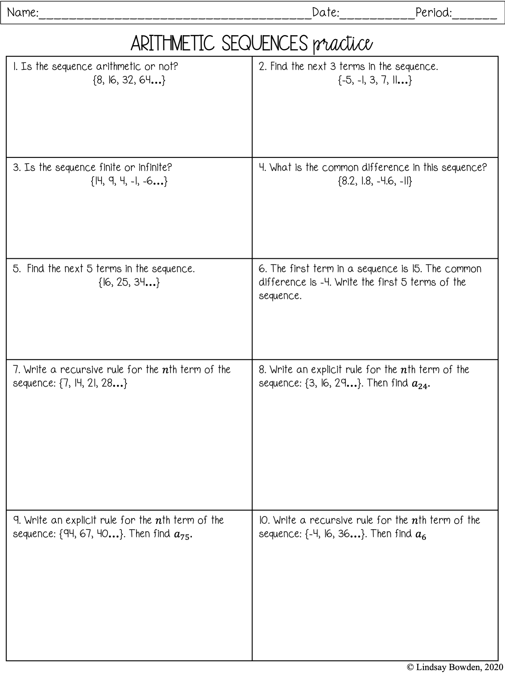 Arithmetic Sequences Notes And Worksheets Lindsay Bowden 