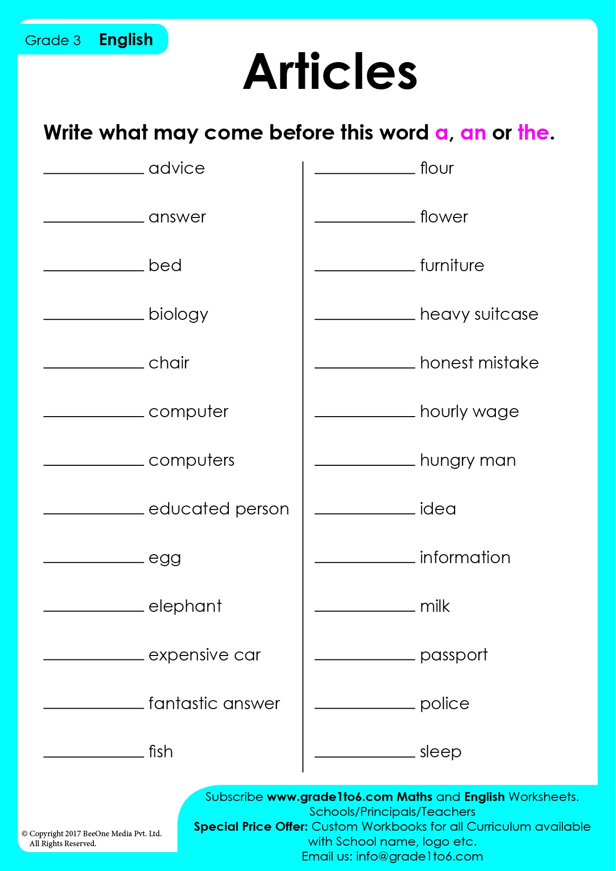 Articles A An The Worksheet For Class 3 Grade1to6