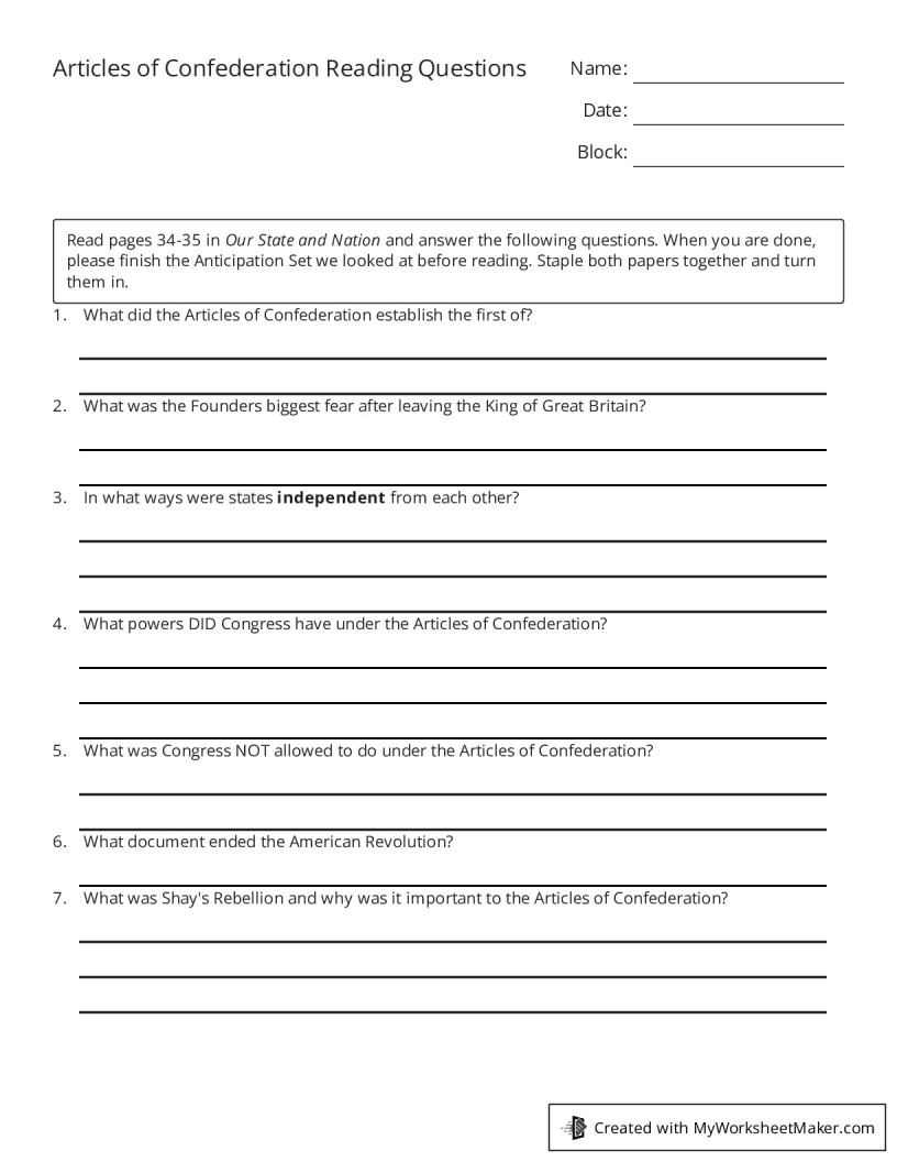 articles of confederation worksheet