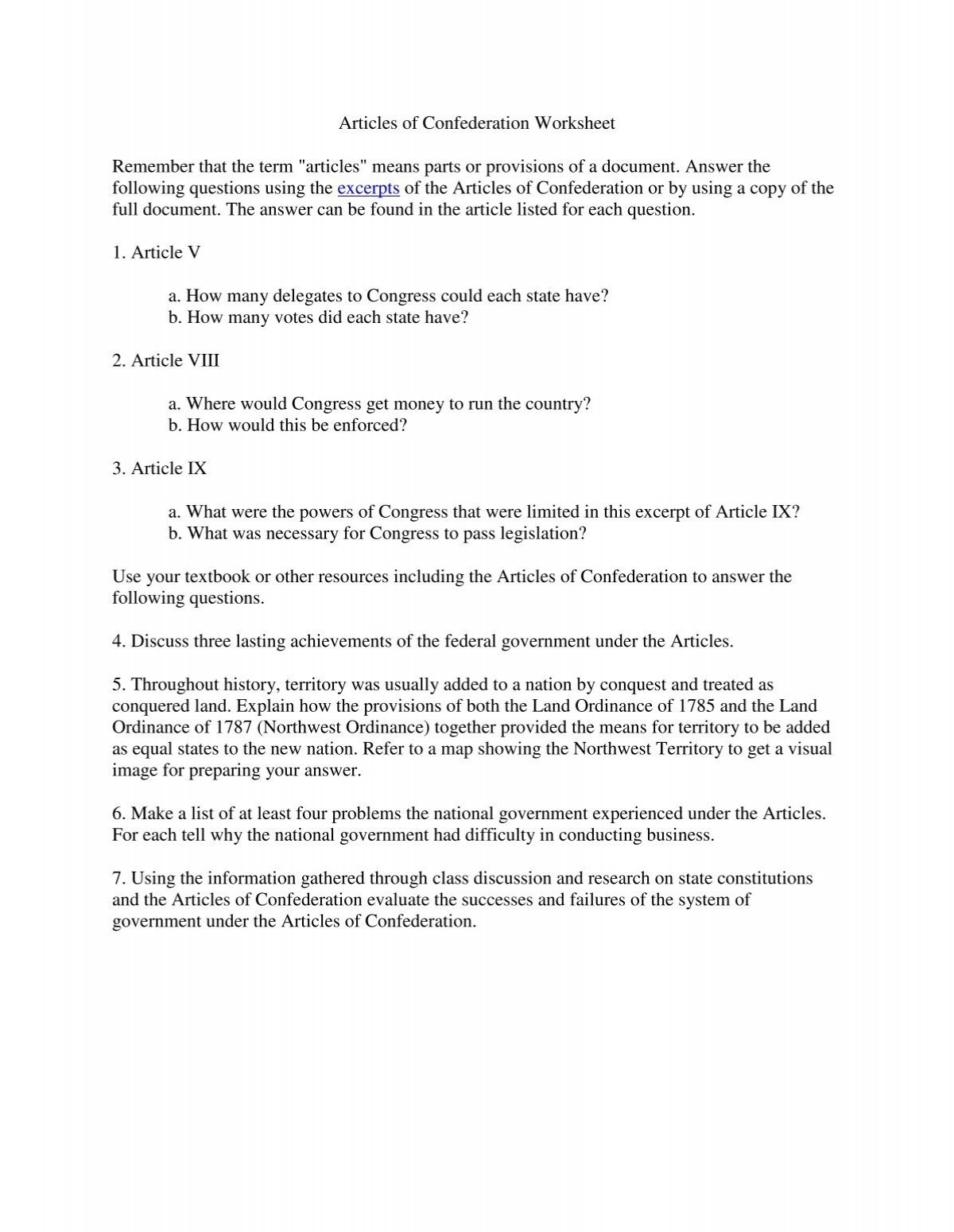 Articles Of Confederation Worksheet Remember That The Term 