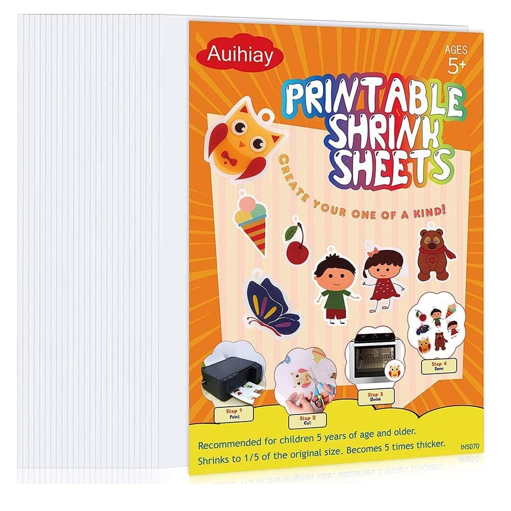 Auihiay 25 Sheets White Printable Shrink Plastic Sheets Shrink Films Papers For Inkjet Printer Kids DIY Crafts And Mothers Day Gifts Easter Ornament 