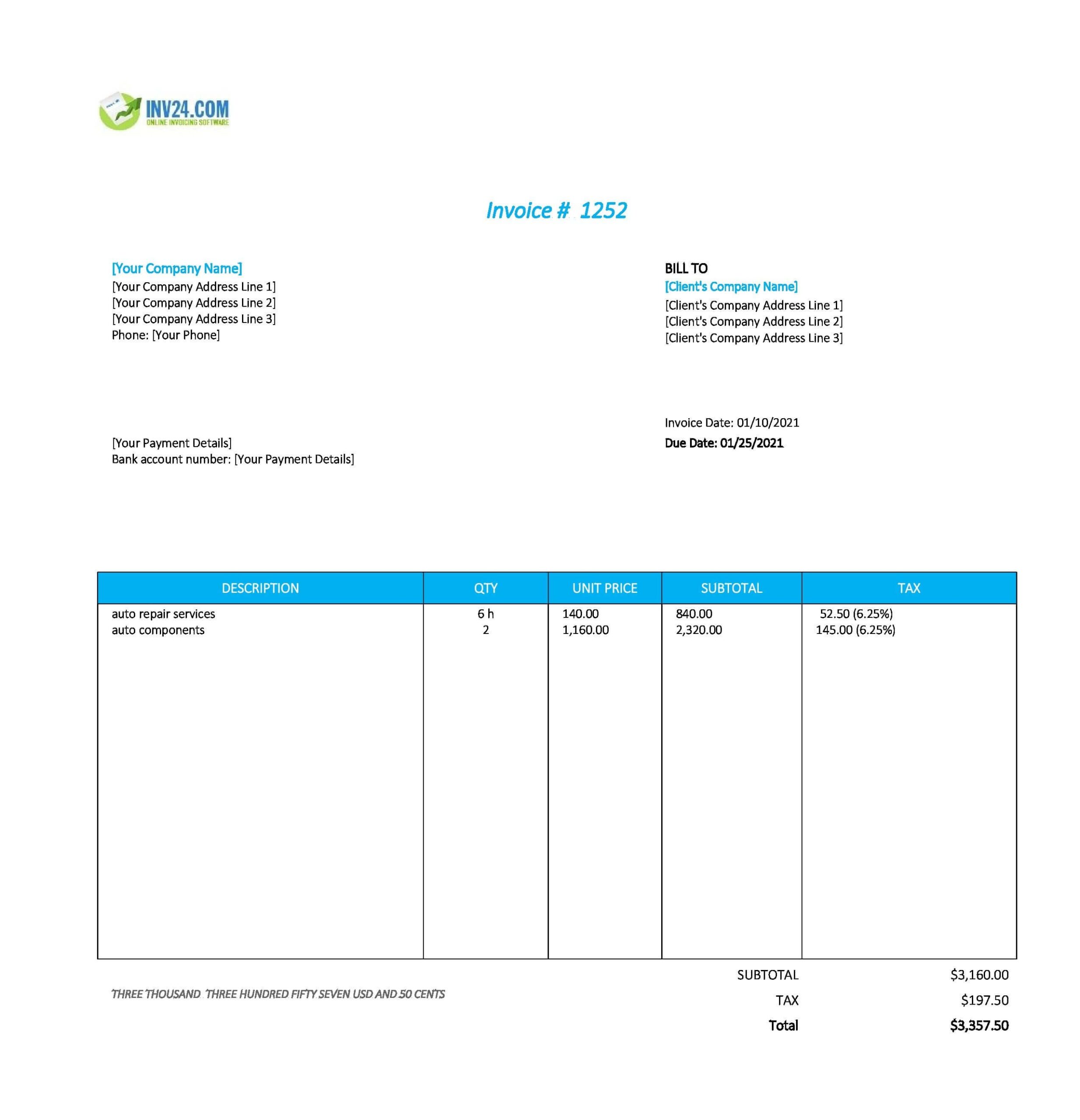 free printable auto repair invoice template