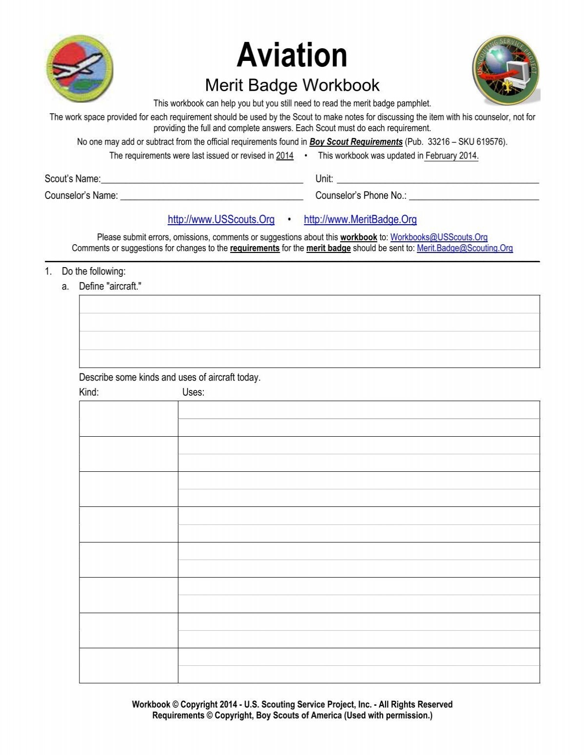 Aviation Merit Badge Workbook US Scouting Service Project
