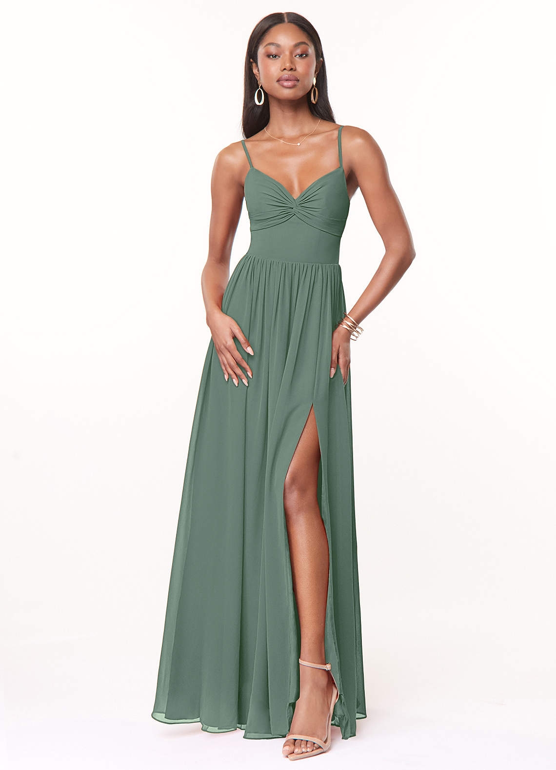 Azazie A Line Princess V Neck Floor Length Chiffon Bridesmaid Dresses Eucalyptus