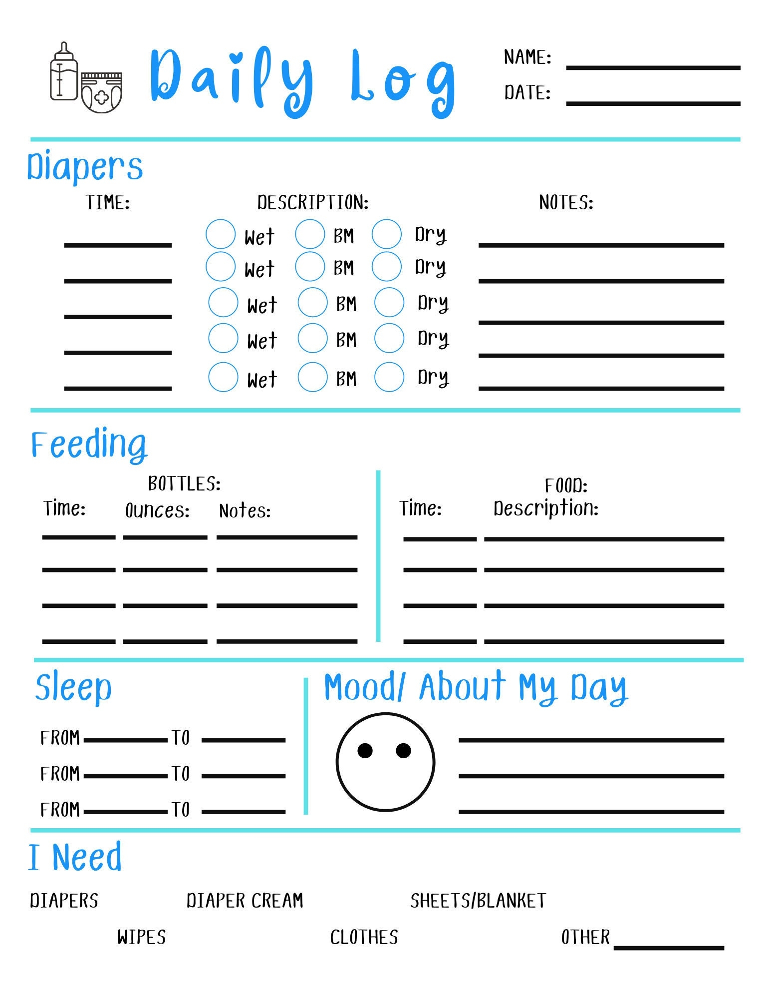 Baby s Daily Log Daycare Nanny Infant Report Feedings U0026 Diapers Printable Digital Download