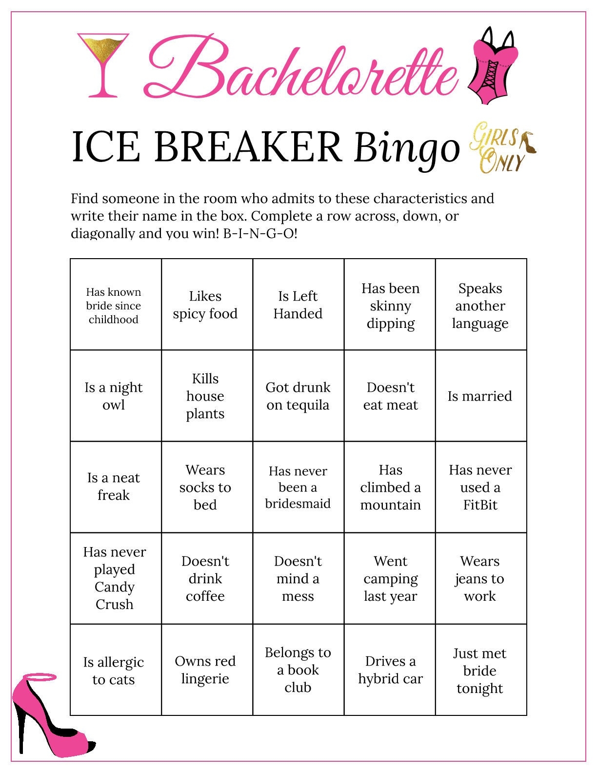 Bachelorette Party Bingo Cards Printable Game Ice Breaker Get To Know You Etsy