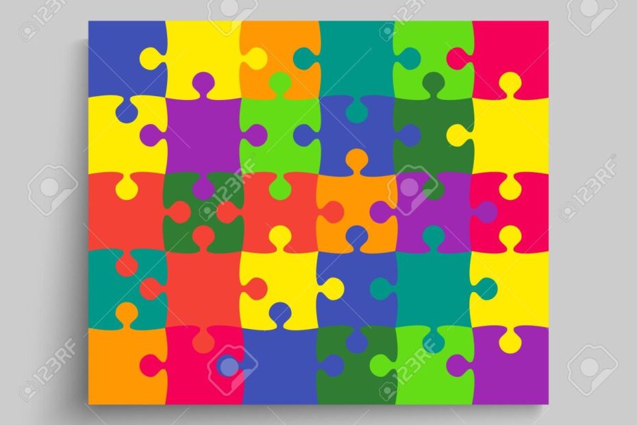 Background Made With 30 Colour Pieces Puzzle Vector Rectangle Banner Jigsaw Template With Particles Details Tiles Parts Frame Pattern For Education And Presentation With Element Piece Puzzle Royalty Free SVG Cliparts Vectors