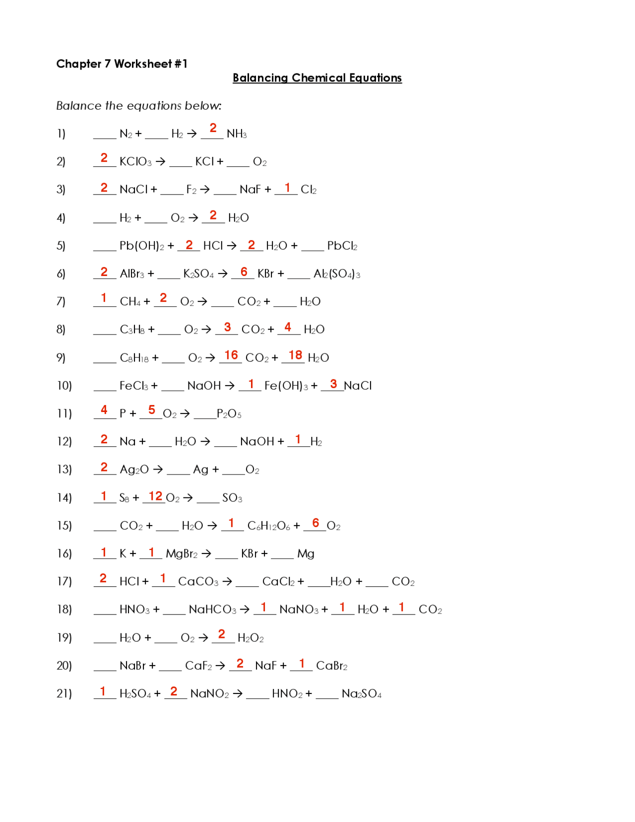 Balancing Chemical Equations Exercises Chemistry Docsity Worksheets Library