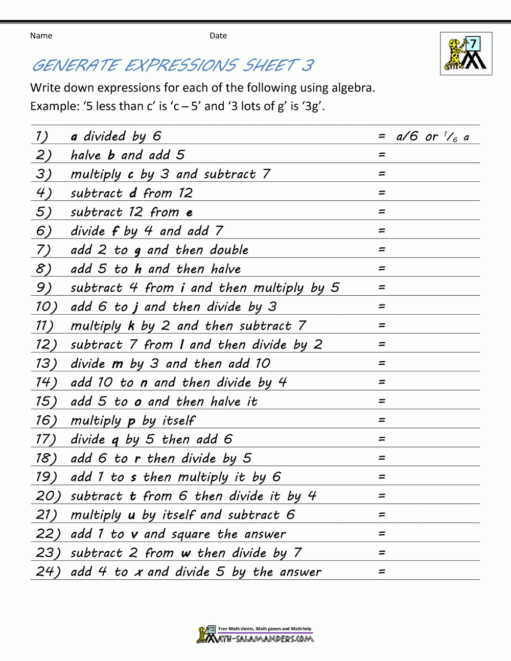 algebra formula worksheet