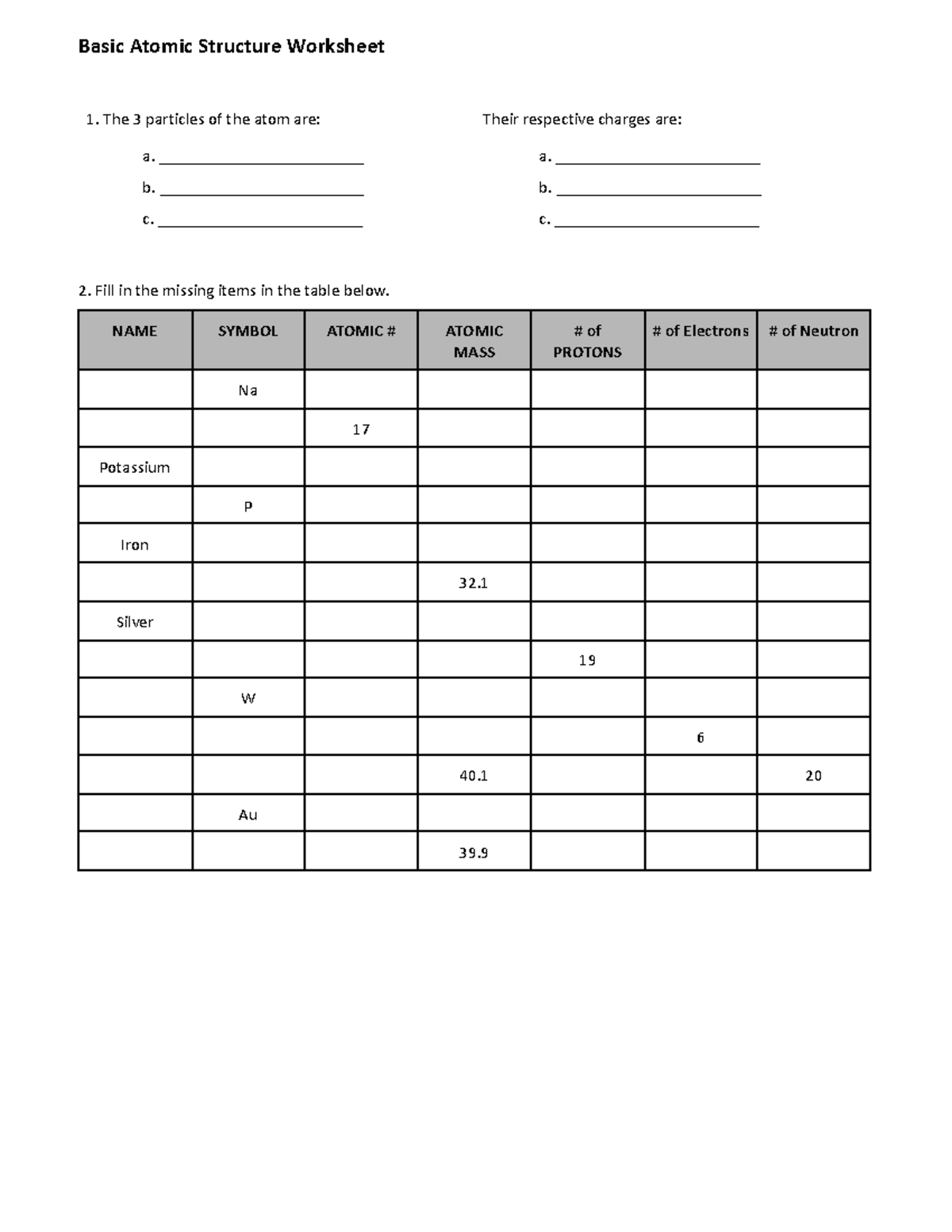 basic atomic structure worksheet
