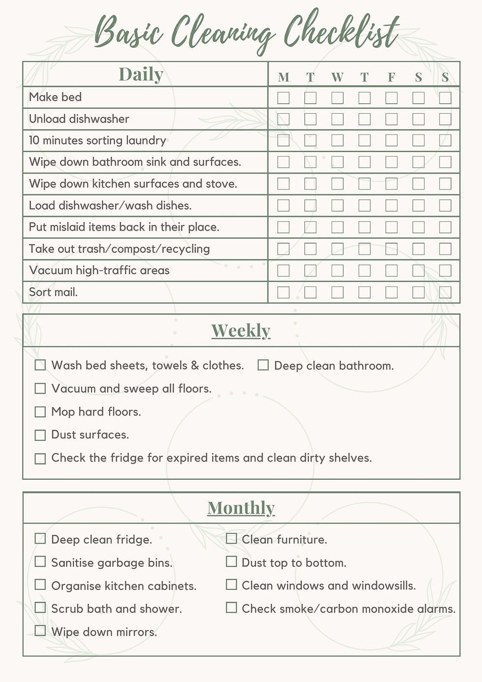 daily weekly monthly cleaning schedule template free