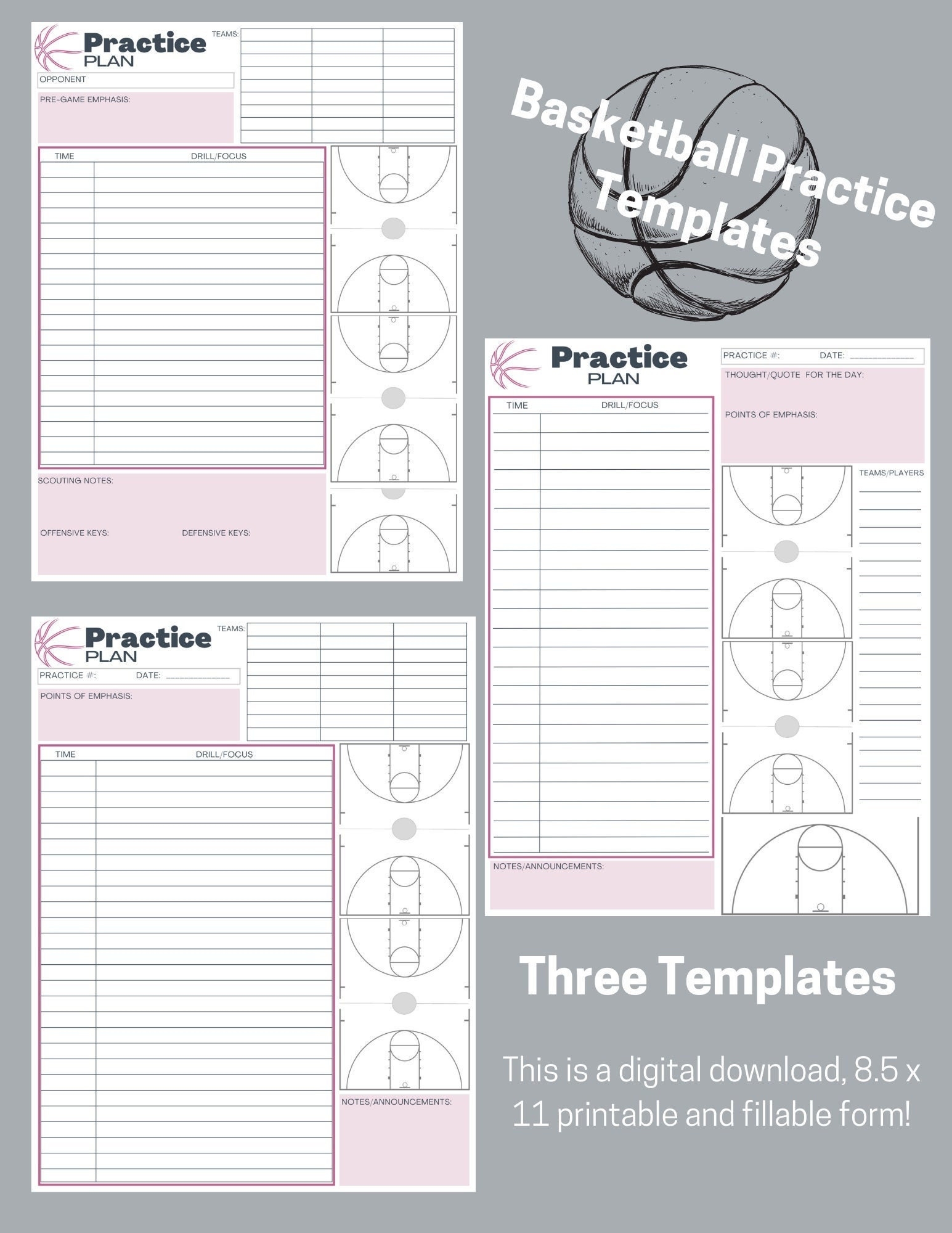 Basketball Practice Plan Templates 3 Digital Download Pink 