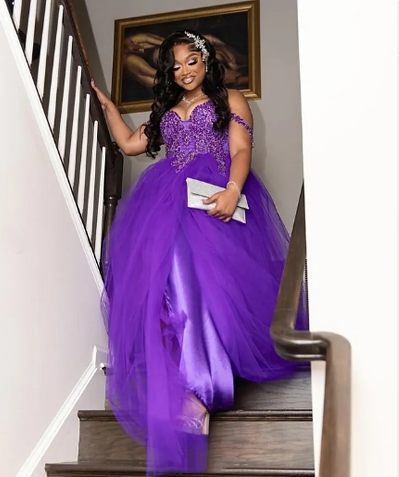 Beaded Prom Gowns Royal Purple Tulle A Line Evening Dress With Off Shoulder Straps U0026 Side Slit Long Formal Gown For Special Occasions