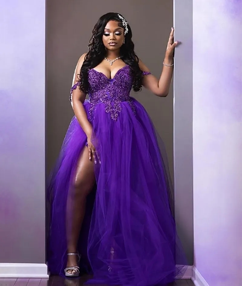 Beaded Prom Gowns Royal Purple Tulle A Line Evening Dress With Off Shoulder Straps U0026 Side Slit Long Formal Gown For Special Occasions