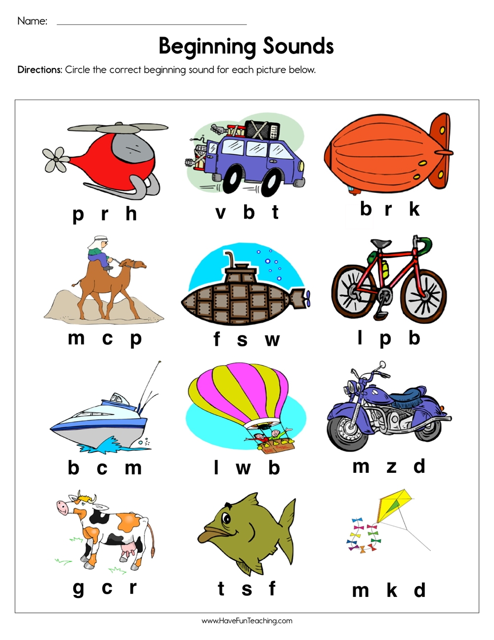 Beginning Sounds Transportation Worksheet Have Fun Teaching