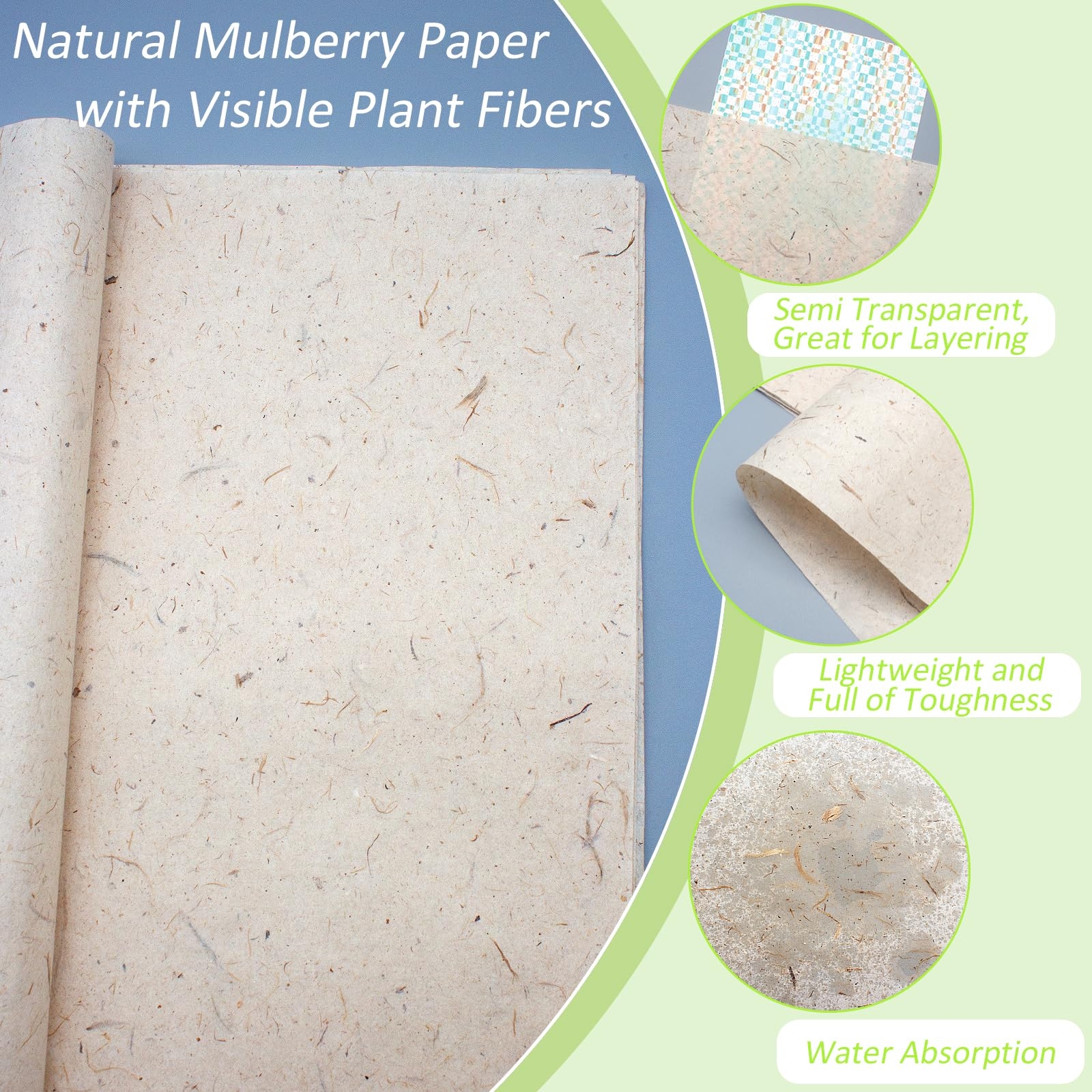 Benvo 50 Sheets A4 Natural Mulberry Paper Visible Leaves Fiber Rice Paper Printable Decoupage Tissue Paper Sheets For Writing Painting Card Making 