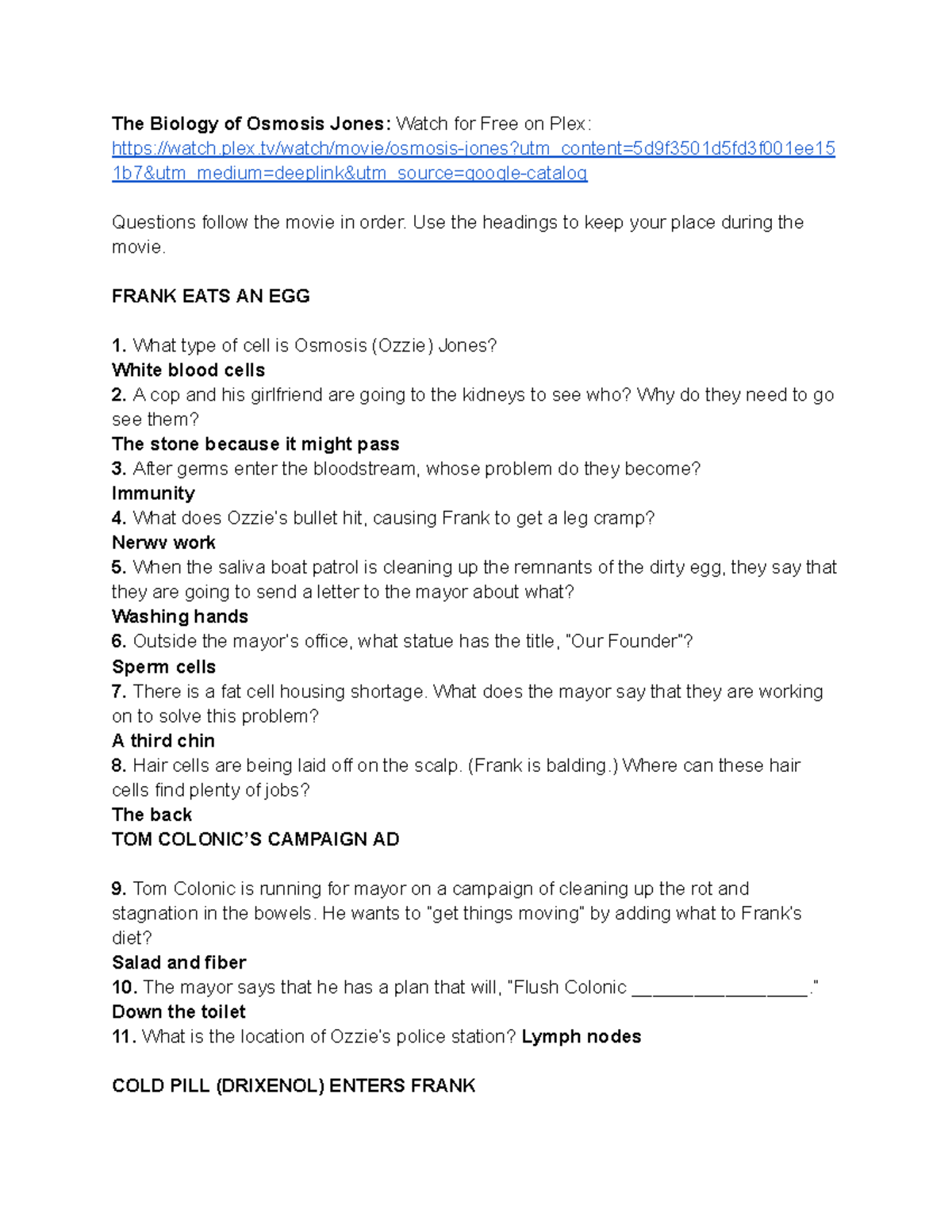 BIOL 101 Osmosis Jones Movie Notes U0026 Questions Analysis Studocu