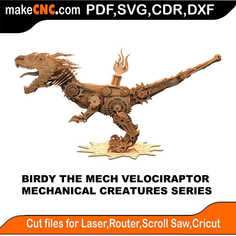 Birdy The Mechanical Velociraptor 3D Puzzle Laser Cut Scroll Saw CNC Router Template Pattern DXF CDR SVG LaserscrollSVG