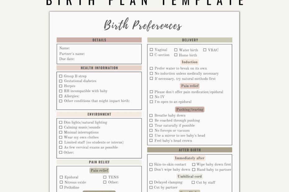 Birth Plan Template Printable Editable Neutral Colors Etsy