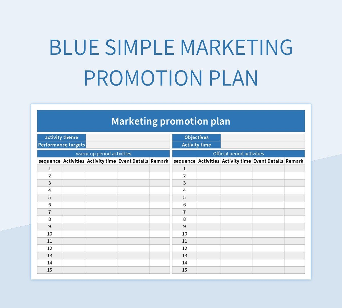 Blue Simple Marketing Promotion Plan Excel Template And Google Sheets File For Free Download Slidesdocs