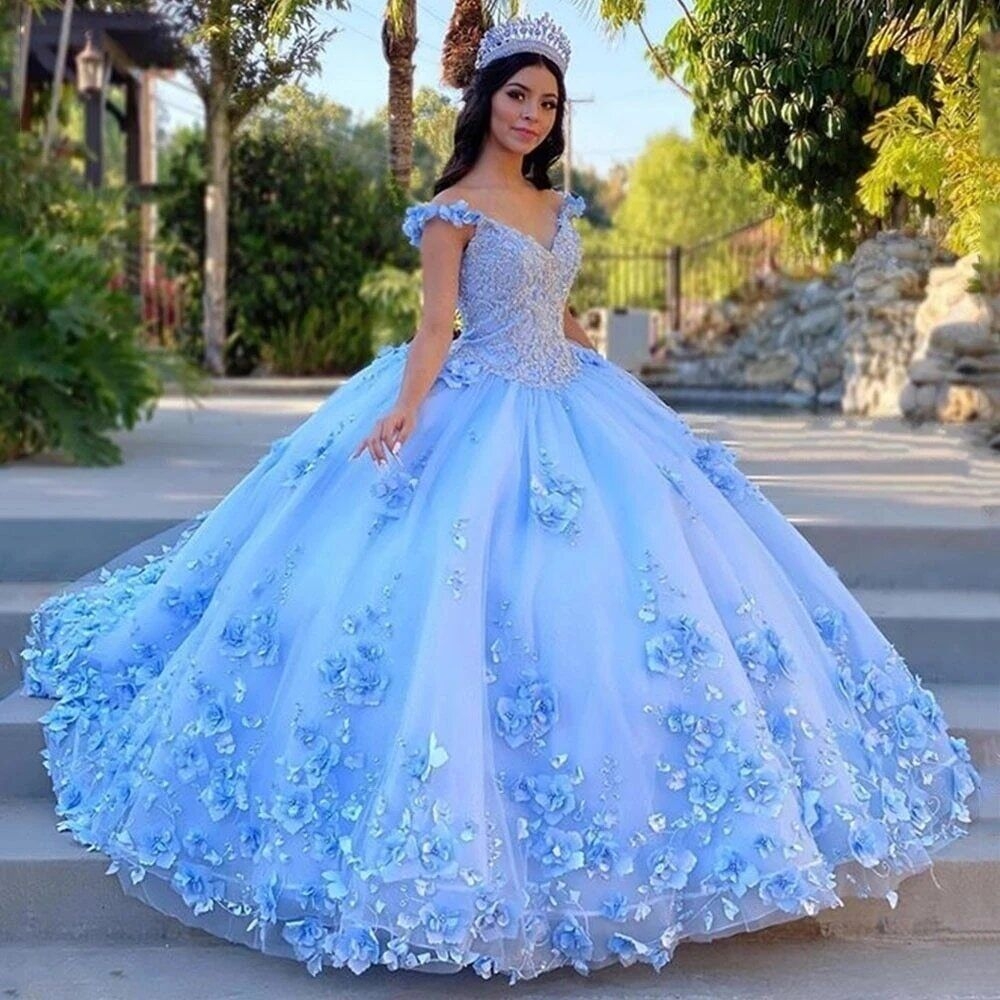 Blue Tulle Ball Quinceanera Dresses 3D Flowers Cinderella 16 Birthday Prom Dress
