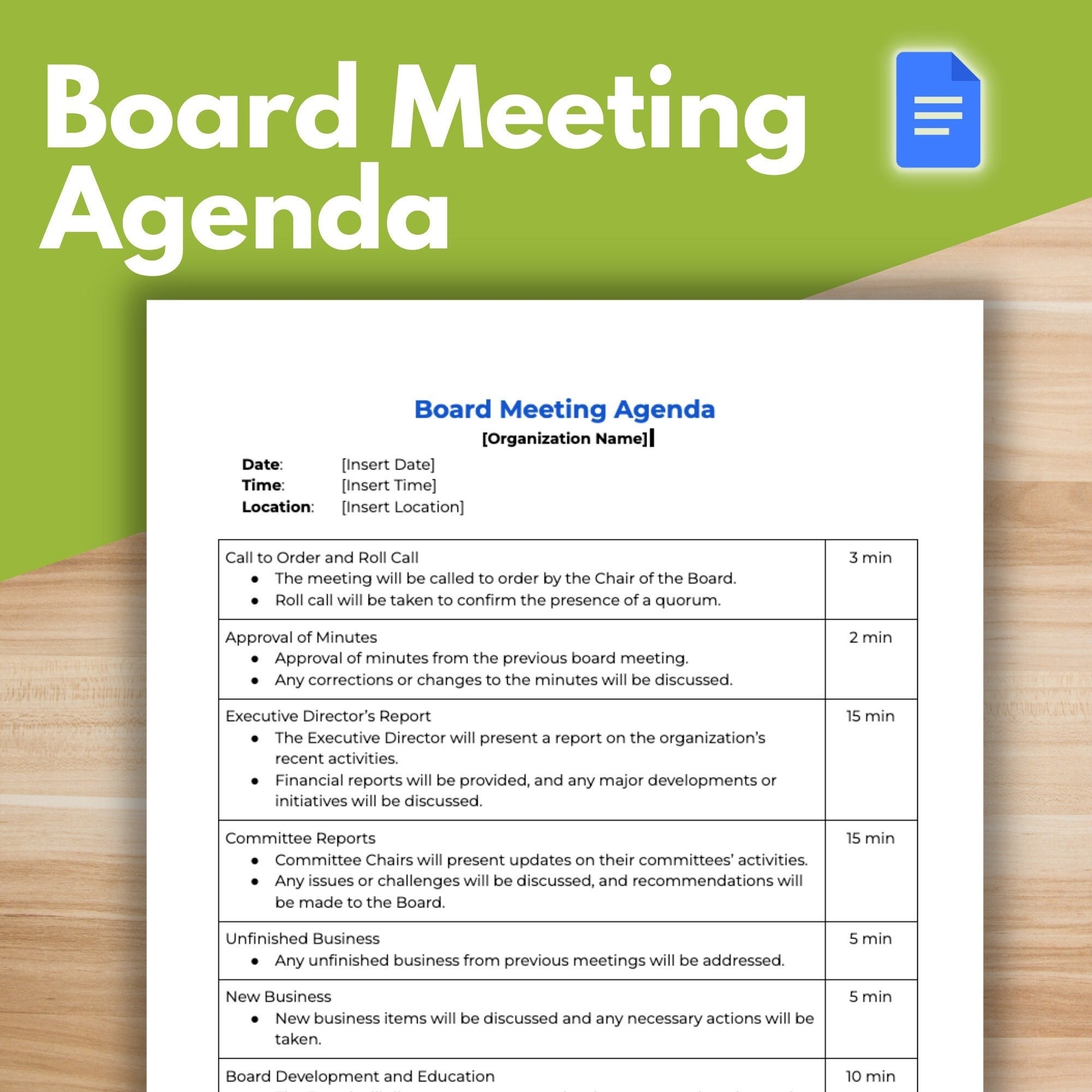 BOARD MEETING AGENDA Template Board Of Directors Nonprofit 