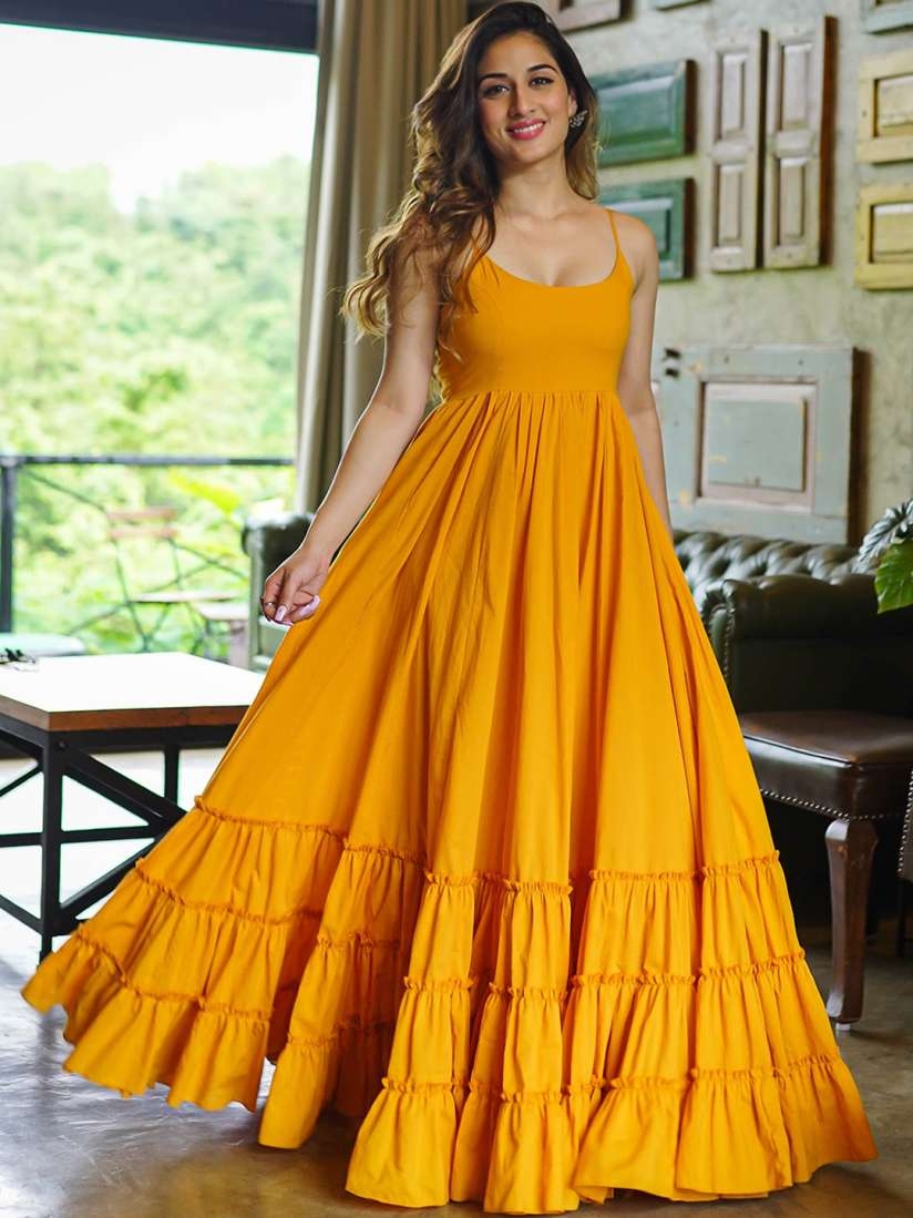 Bunaai Mustard Yellow Tiered Fit U0026 Flared Pure Cotton Maxi Length Ethnic Dress