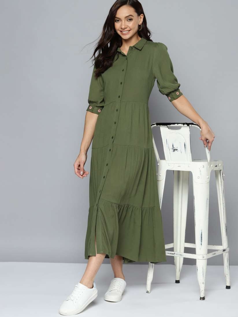 Buy Mast U0026 Harbour Olive Green Solid Tiered Shirt Dress Dresses For Women 15977586 Myntra