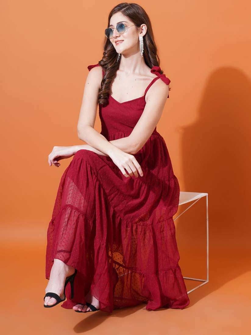 Buy Uu0026F Red Self Design Shoulder Straps Smocked Georgette Midi Fit U0026 Flare Dress Dresses For Women 29810850 Myntra
