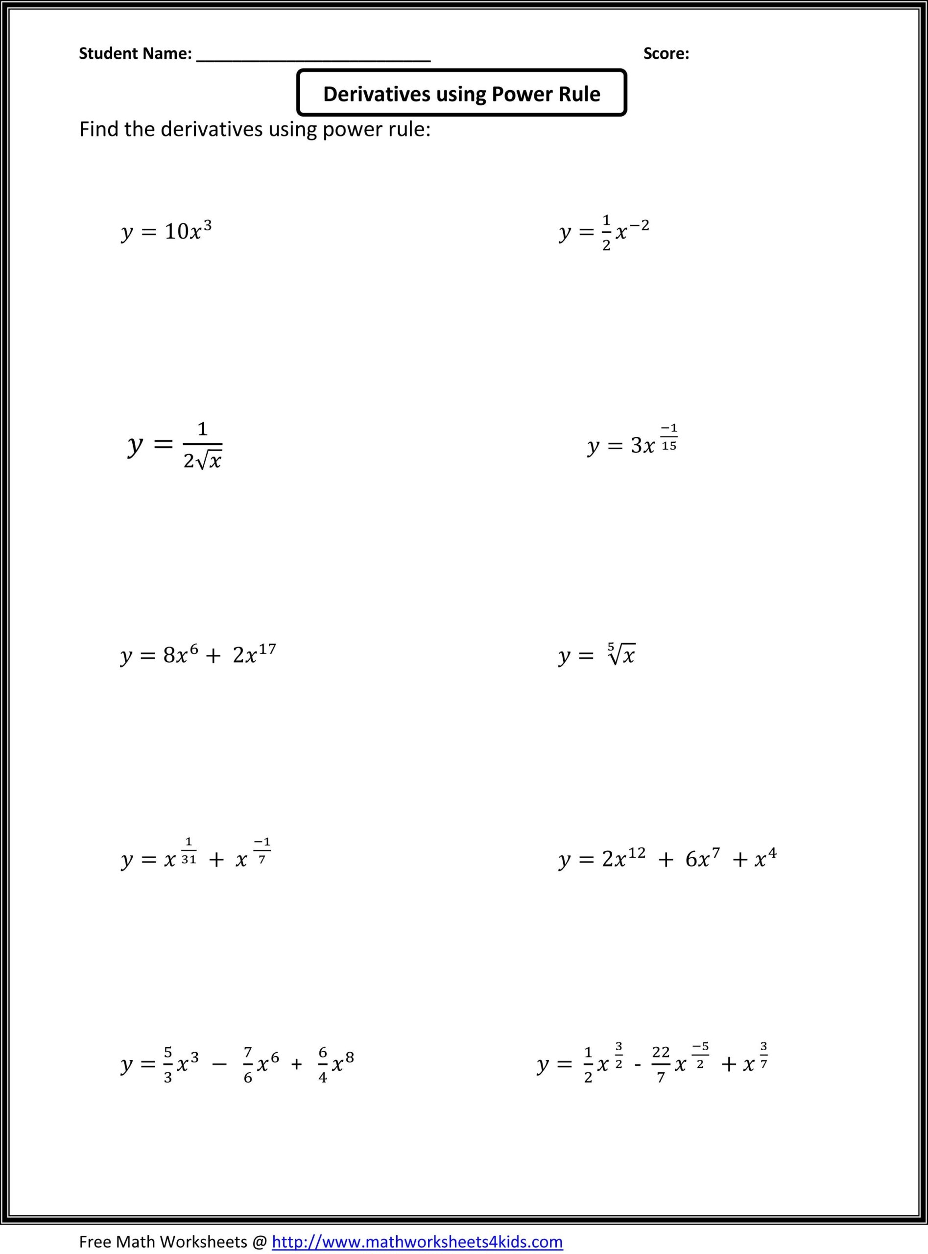 Calculus Worksheets Basic Concepts In Differentiation And 