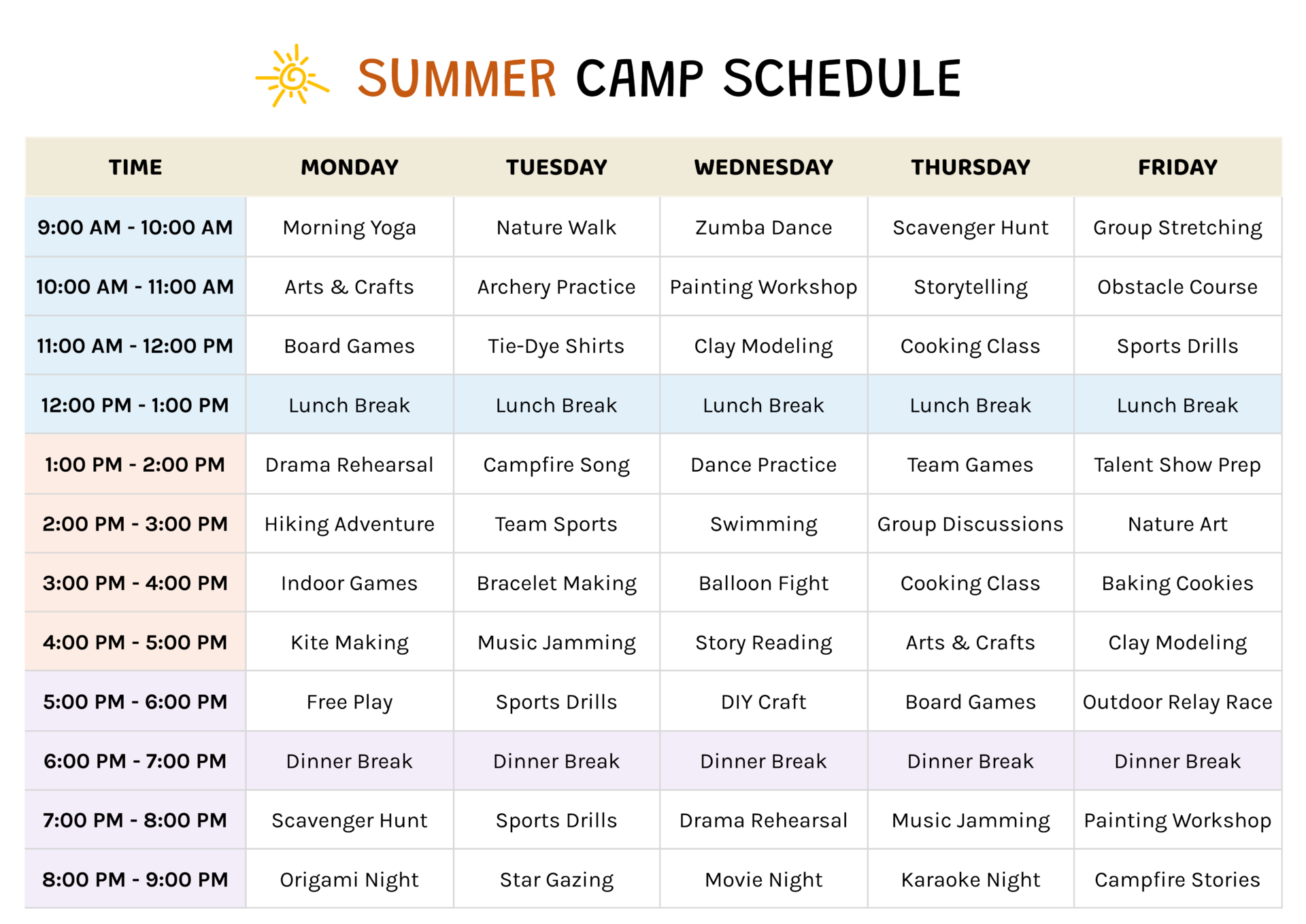 Camp Schedule Template Google Docs Word Highfile