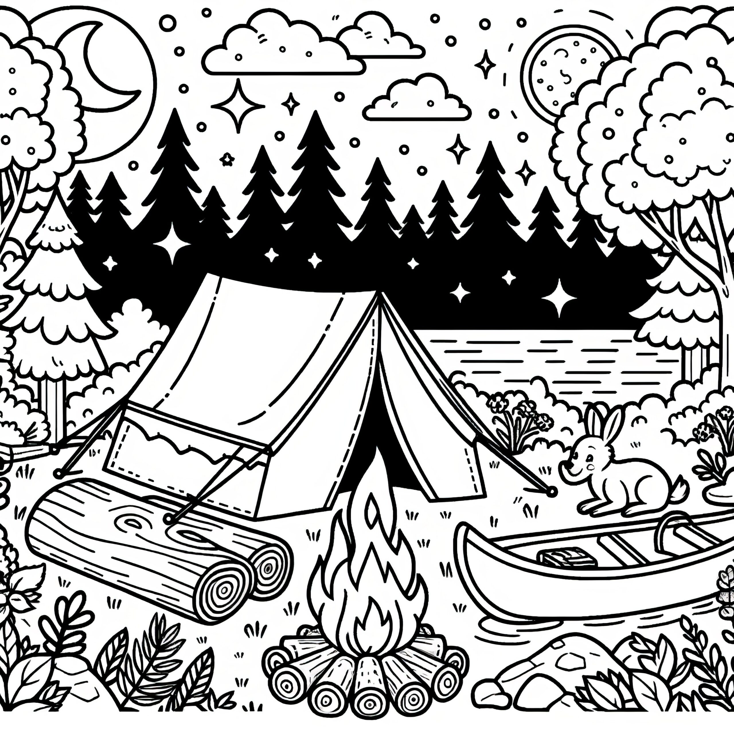 Camping With Tent Campfire And Boat Under The Night Sky 