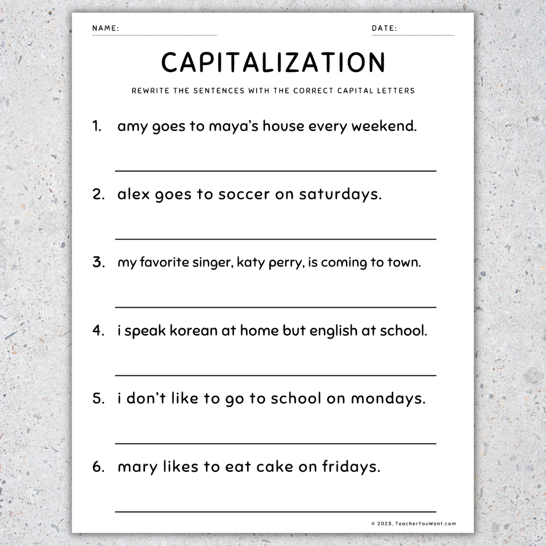 Capitalization Worksheets Fix The Sentences Grammar Practice 4th Grade