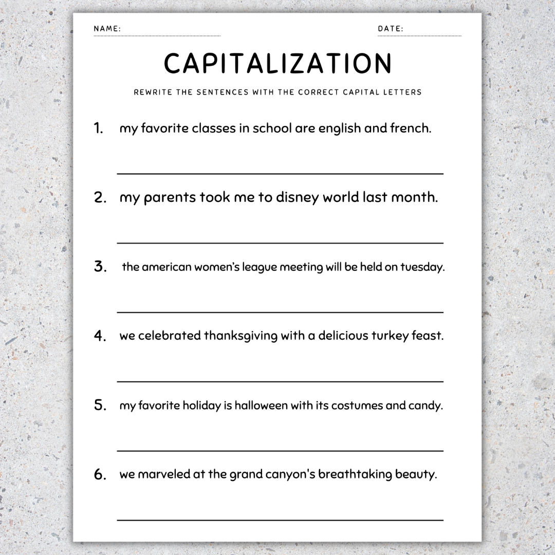 Capitalization Worksheets Fix The Sentences Grammar Practice 5th Grade