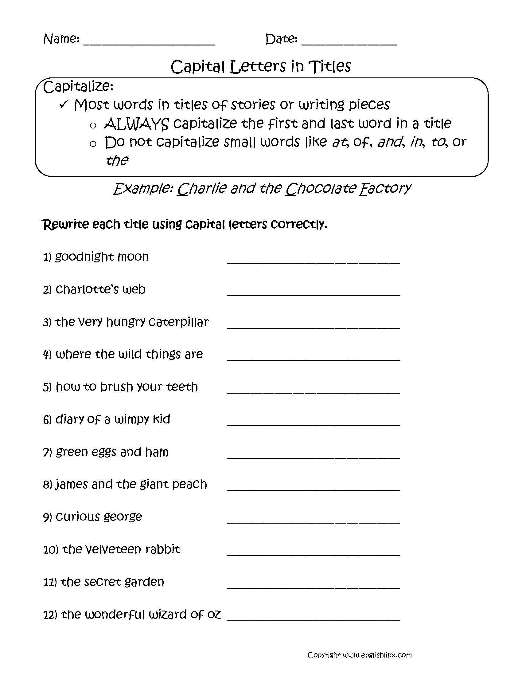 capitalization worksheet