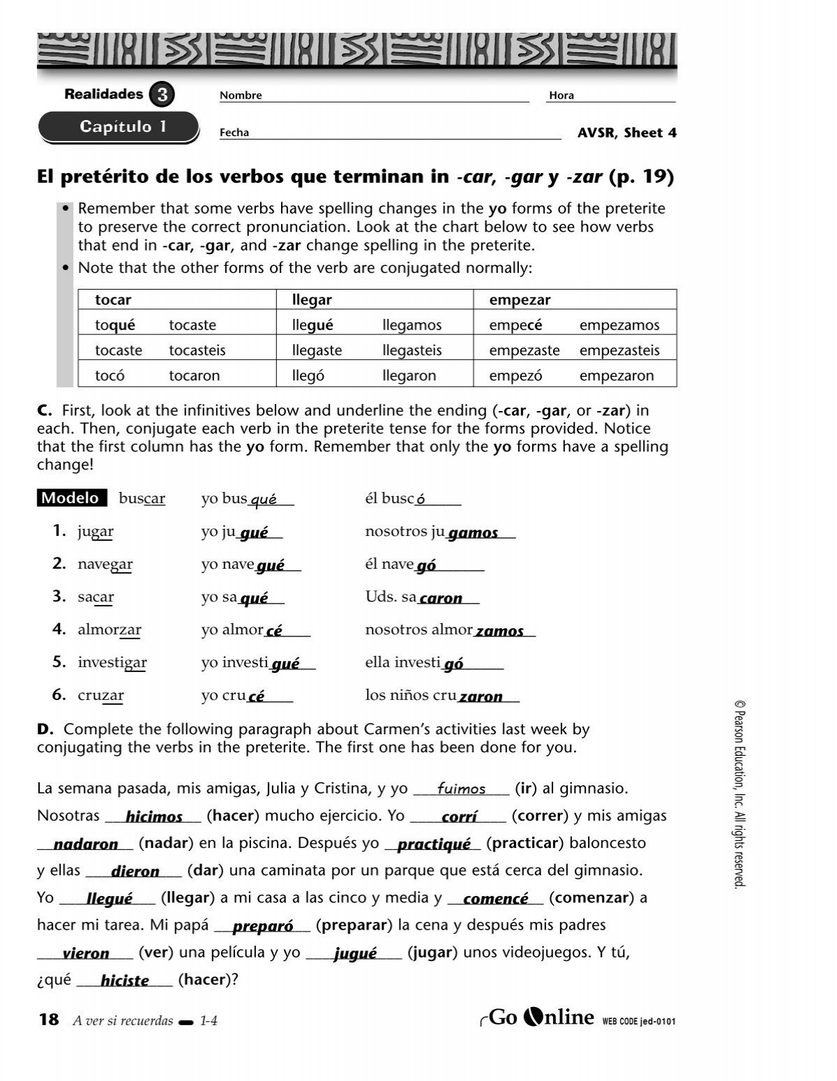 CAR GAR ZAR El Pret rito Worksheet ANSWER Key pg 18 