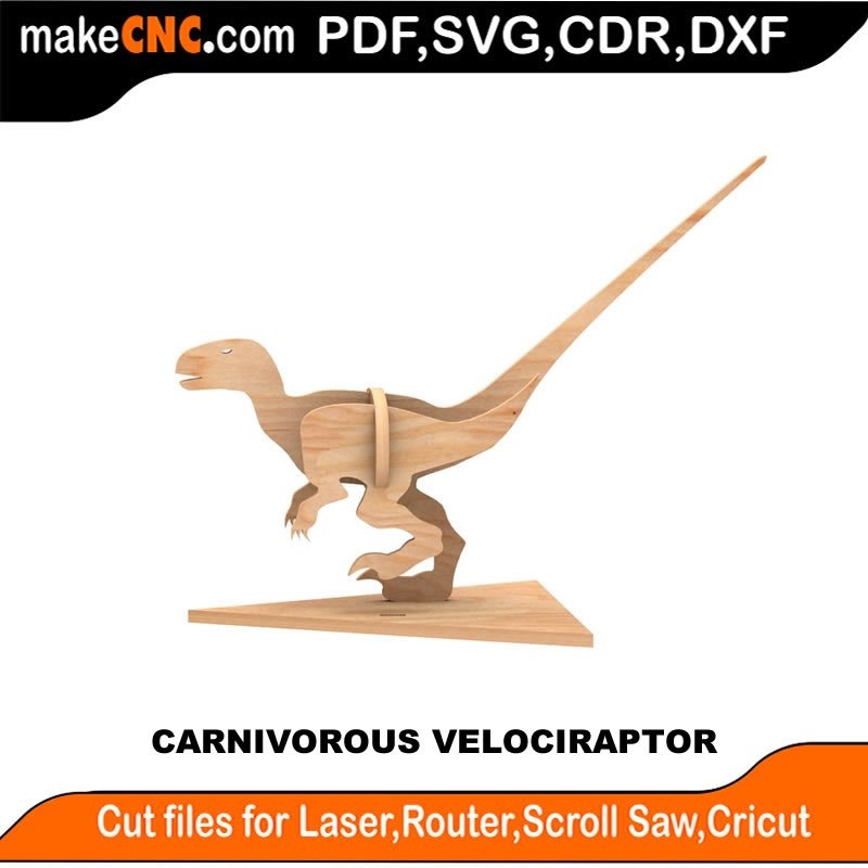 Carnivorous Velociraptor Kool Dino 3D Puzzle Laser Cut Scroll Saw CNC Router Template Pattern DXF CDR SVG LaserscrollSVG