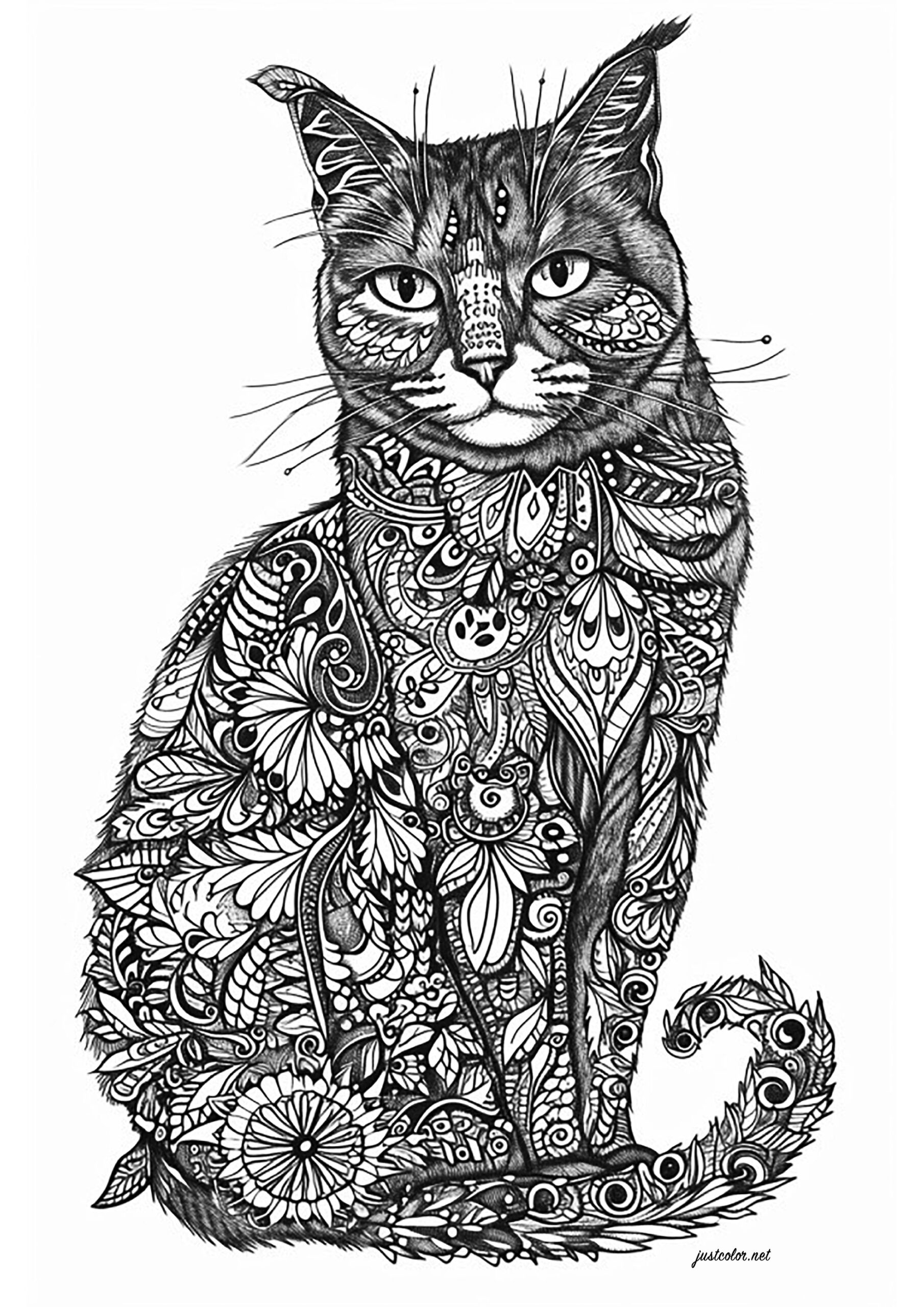 Cat And Internal Floral Motifs Cat Coloring Pages For Adults
