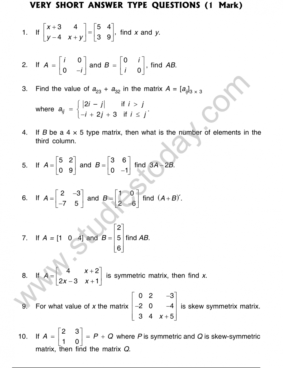 CBSE Class 12 Mathematics Matrices And Determinants Worksheet