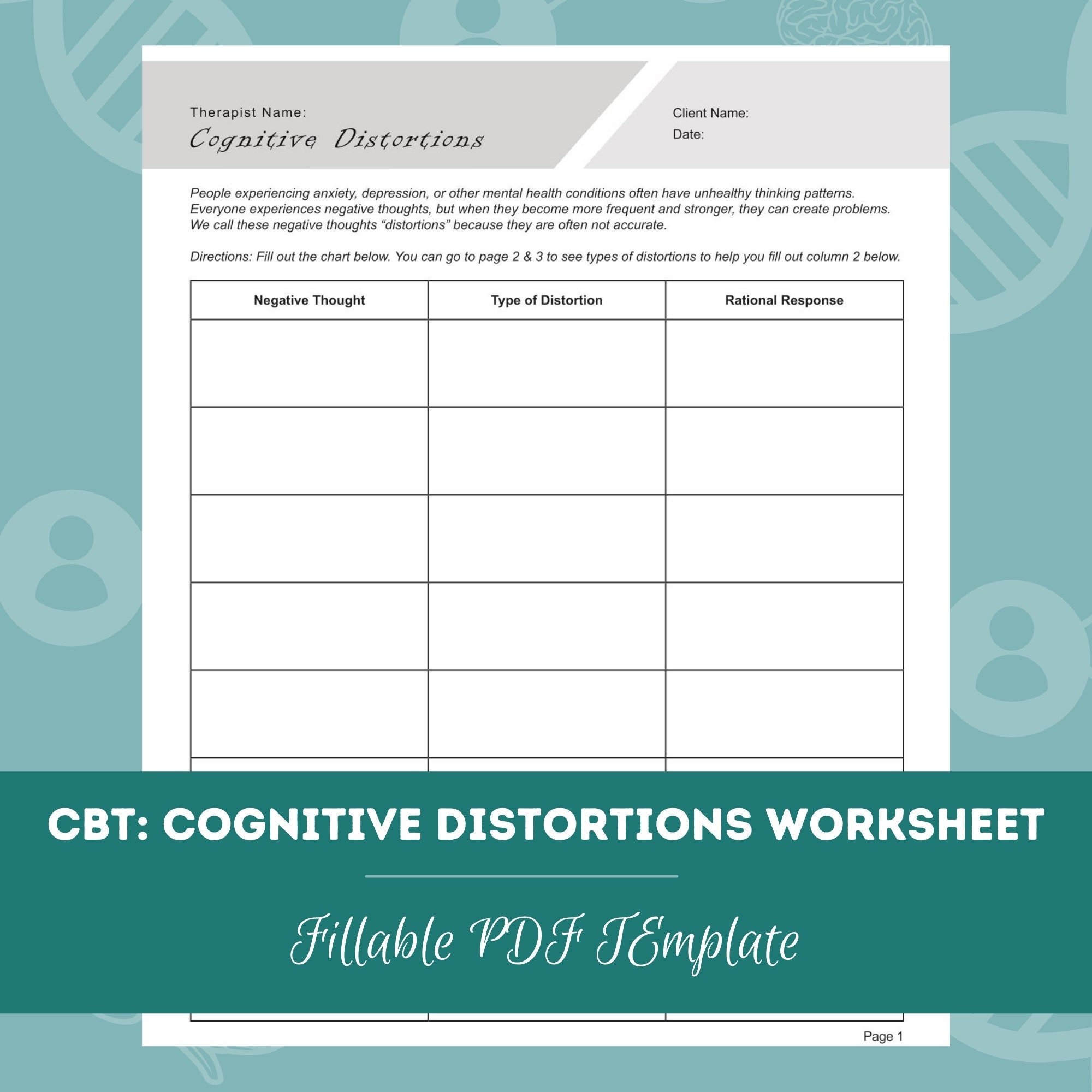 CBT Cognitive Distortions Worksheet Editable Fillable PDF 