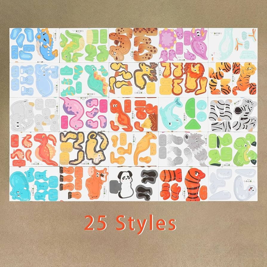 CCINEE 25 Pcs Educational 3D Cartoon Puzzles For Kids 3D Animal Learning Educational Paper Puzzle Game For DIY Crafts Gifts
