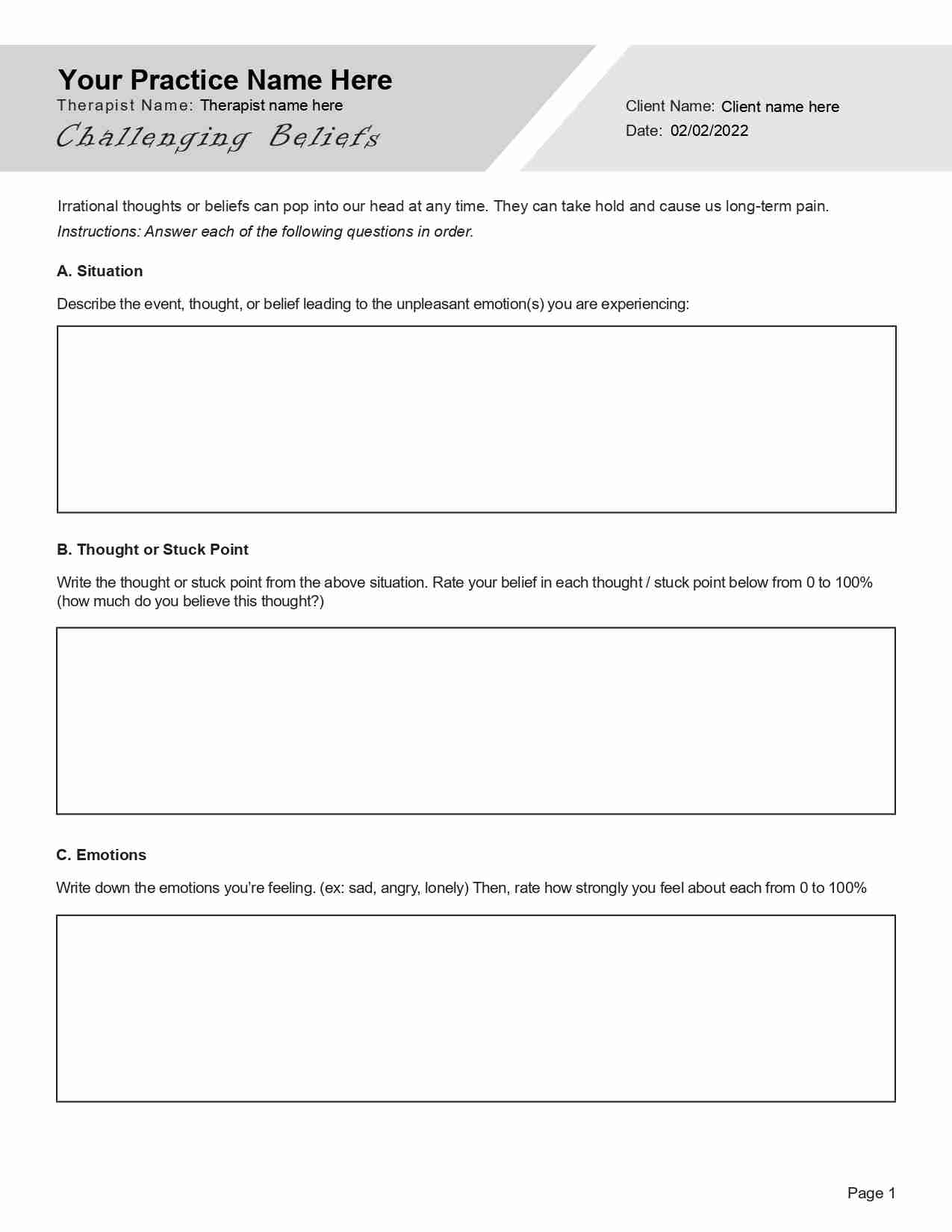 Challenging Beliefs Worksheet Editable Fillable Printable PDF TherapyByPro
