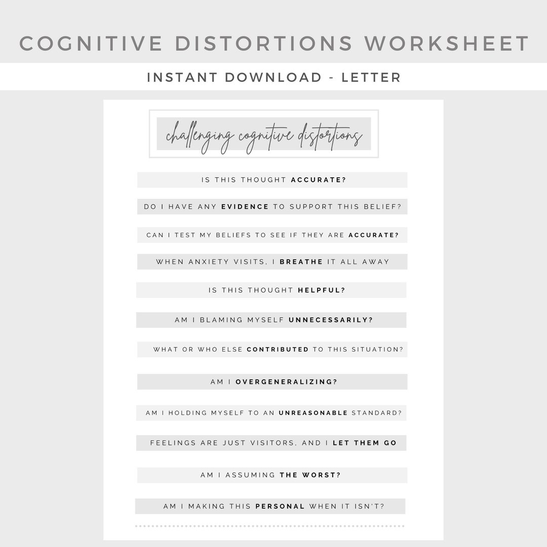 Challenging Cognitive Distortions Worksheet Mental Health Depression Anxiety Therapy Journal Home Management Counseling Binder Etsy