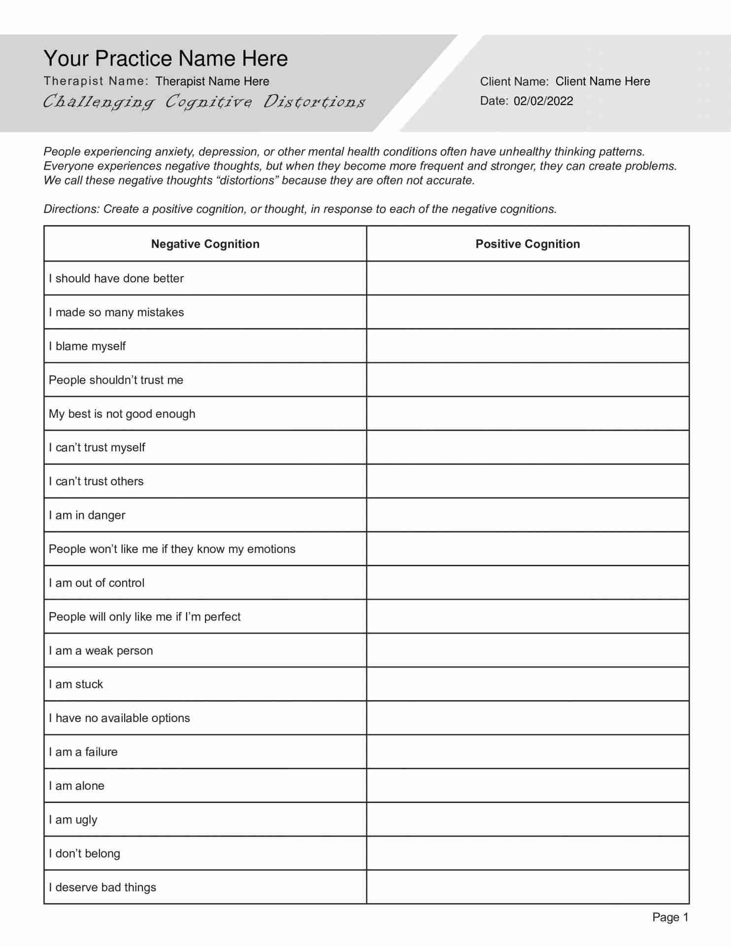 cognitive distortions worksheets