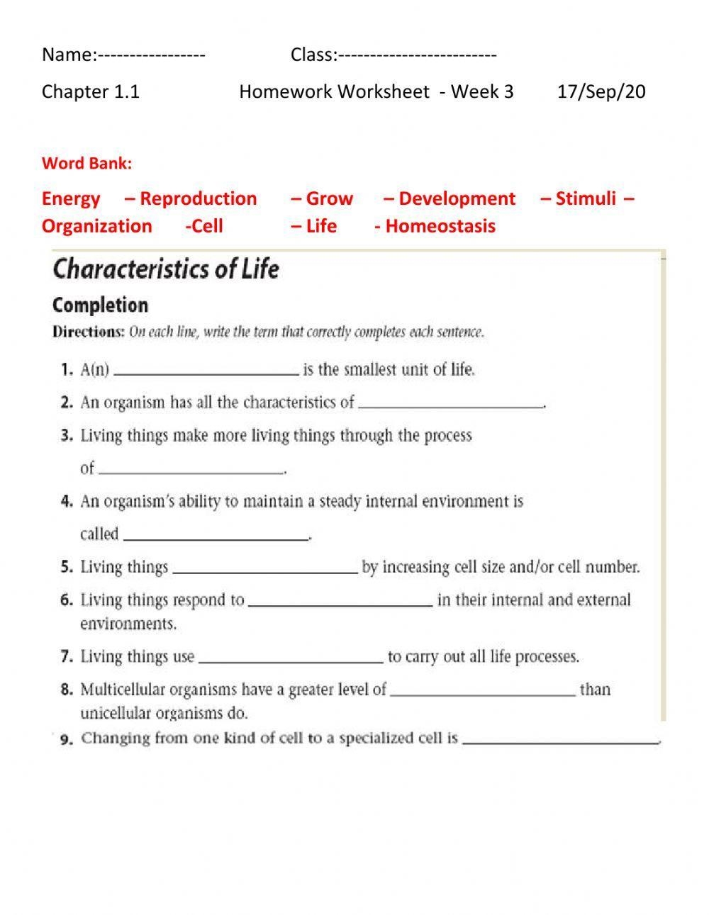 Characteristics Of Life Worksheet Live Worksheets Worksheets Library
