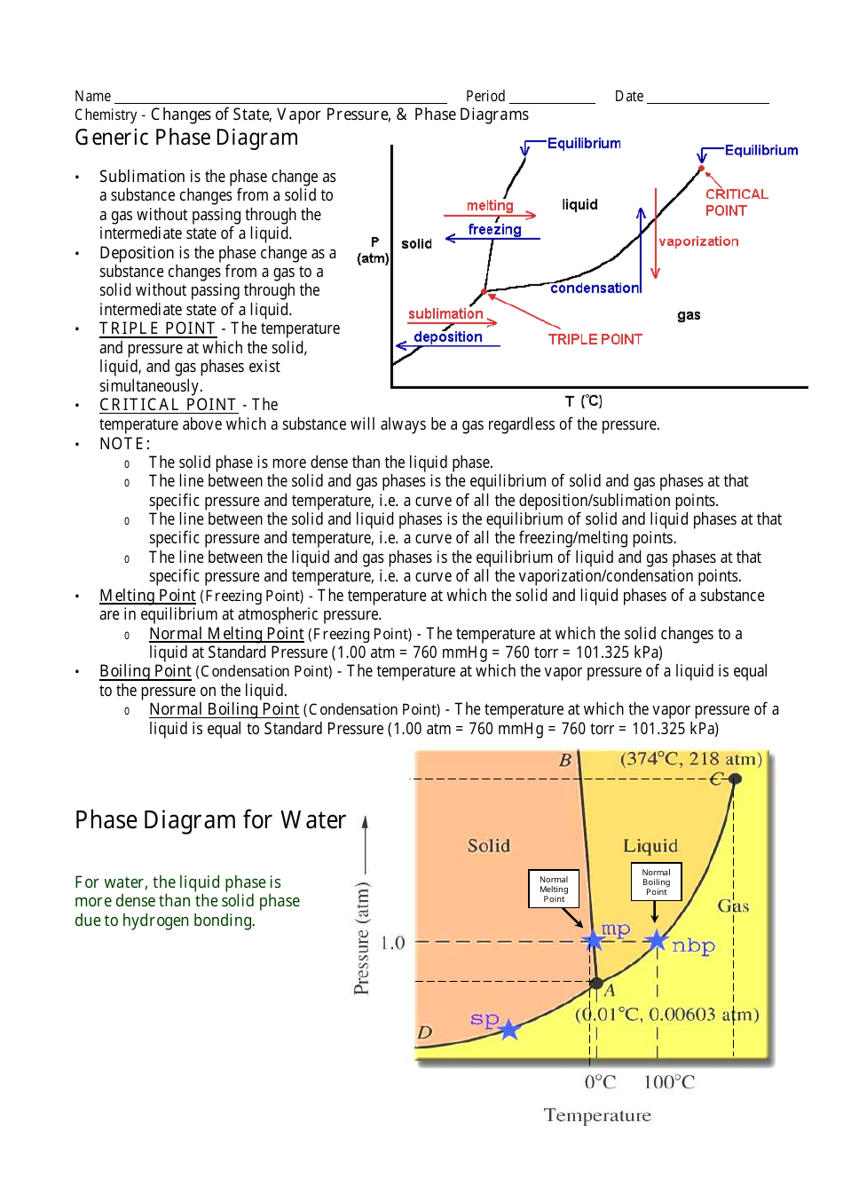 Chemistry Changes Of State Vapor Pressure U0026 Phase Diagrams Worksheets 8th Grade Mr Kiser Hill Country Middle School Download Printable PDF Templateroller